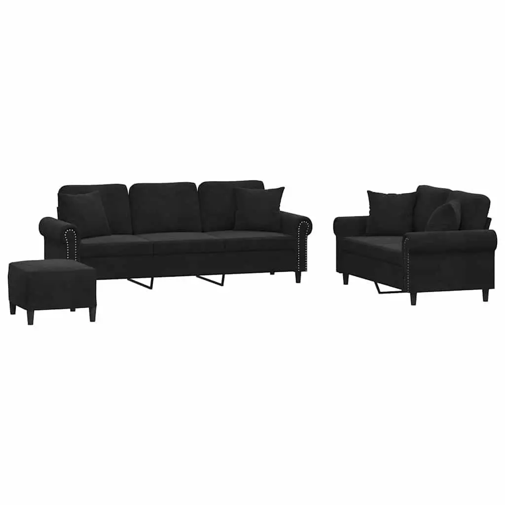 Velvet Sofa Set Black Compact 3 Piece Living Room with Pillows and Footstool