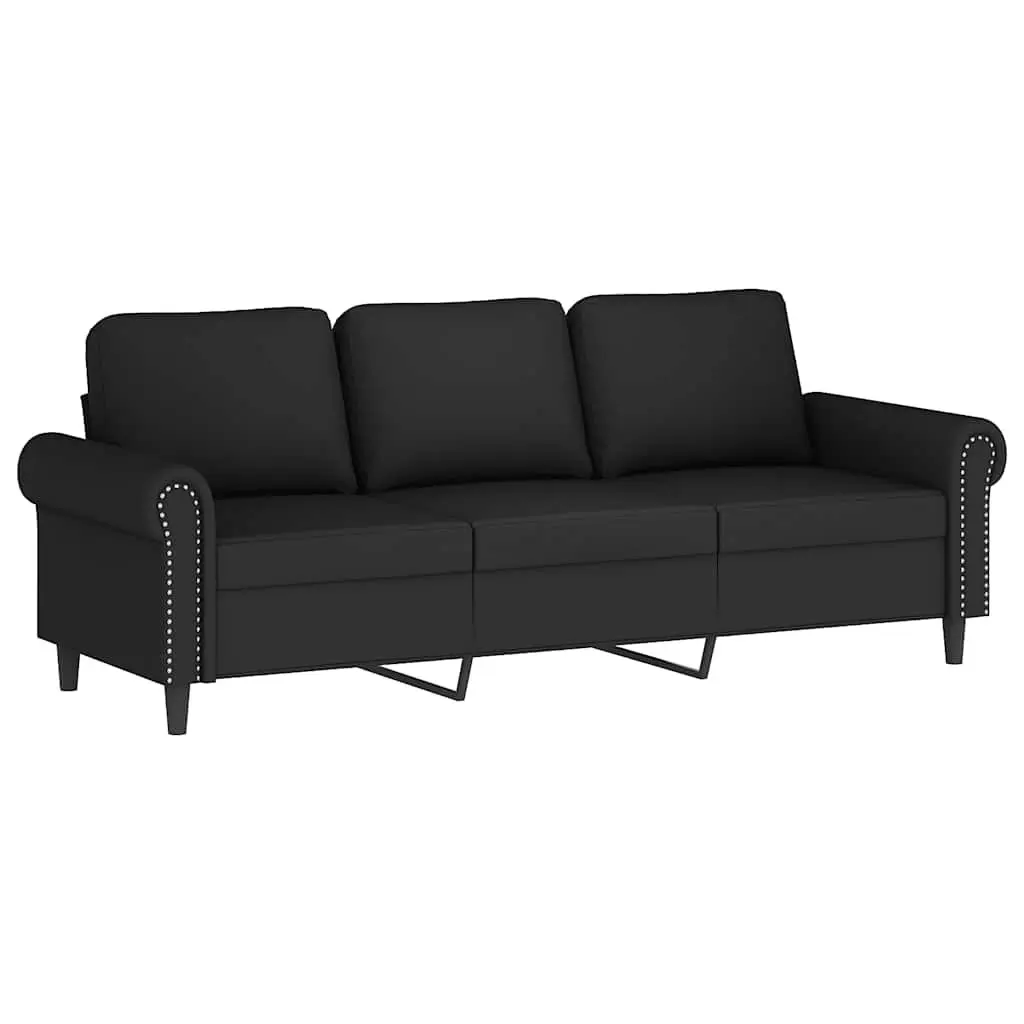 Velvet Sofa Set Black Compact 3 Piece Living Room with Pillows and Footstool