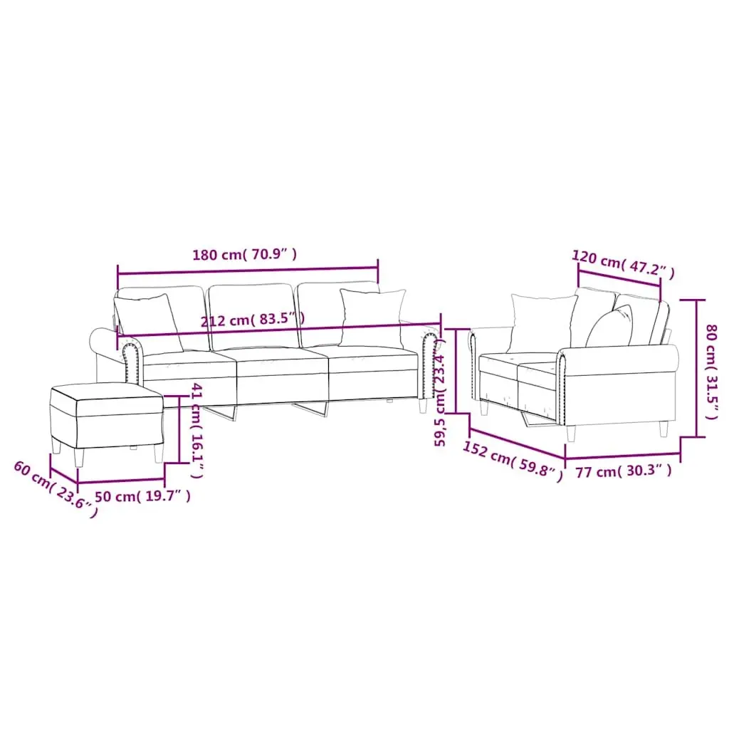 Velvet Sofa Set Black Compact 3 Piece Living Room with Pillows and Footstool