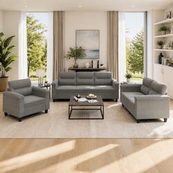 3 Piece Grey Microfibre Sofa Set with Cushions