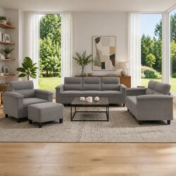 4 Piece Lounge Suite Grey Microfibre Sofa Set with Footstool