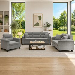 Comfortable 3 Piece Grey Microfibre Sofa Set with Pillows
