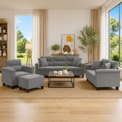 4 Piece Grey Microfibre Sofa Set with Pillows and Footstool