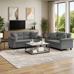 Grey Microfibre 2 Piece Sofa Set with Throw Pillows