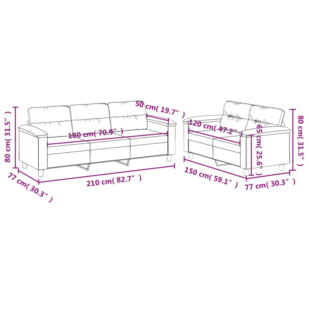 2 Piece Sofa Set Grey Microfibre Fabric Durable Couch