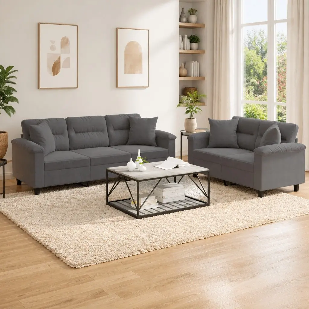 Grey Microfibre Fabric Lounge Sofa Set 2 Piece with Throw Pillows