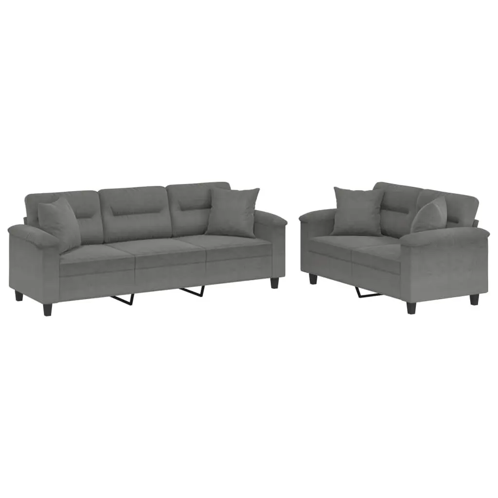 Grey Microfibre Fabric Lounge Sofa Set 2 Piece with Throw Pillows