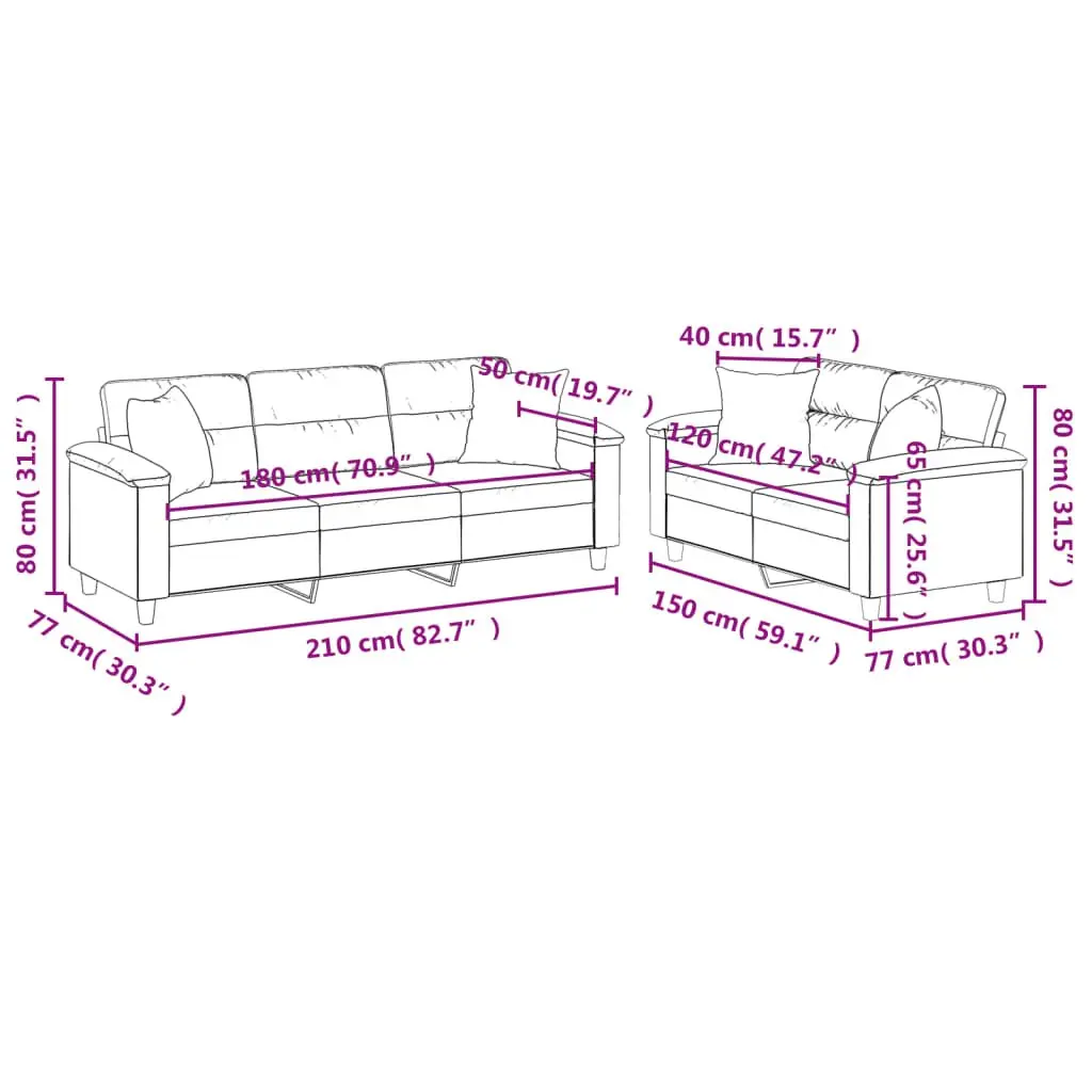 Grey Microfibre Fabric Lounge Sofa Set 2 Piece with Throw Pillows
