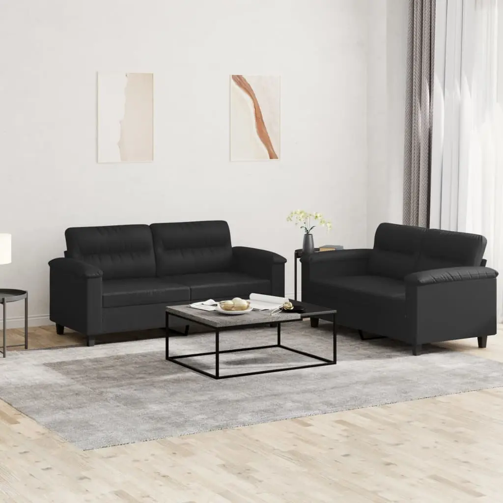Sofa Set Black Faux Leather 2 Piece Lounge Couch with Cushions