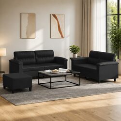 Black Faux Leather 3 Piece Sofa Set with Cushions