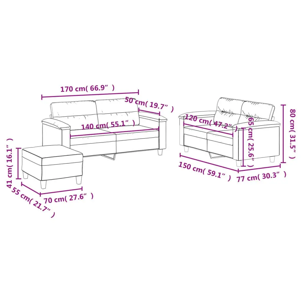 3 Piece Sofa Set with Cushions Footstool Black Faux Leather Living Room