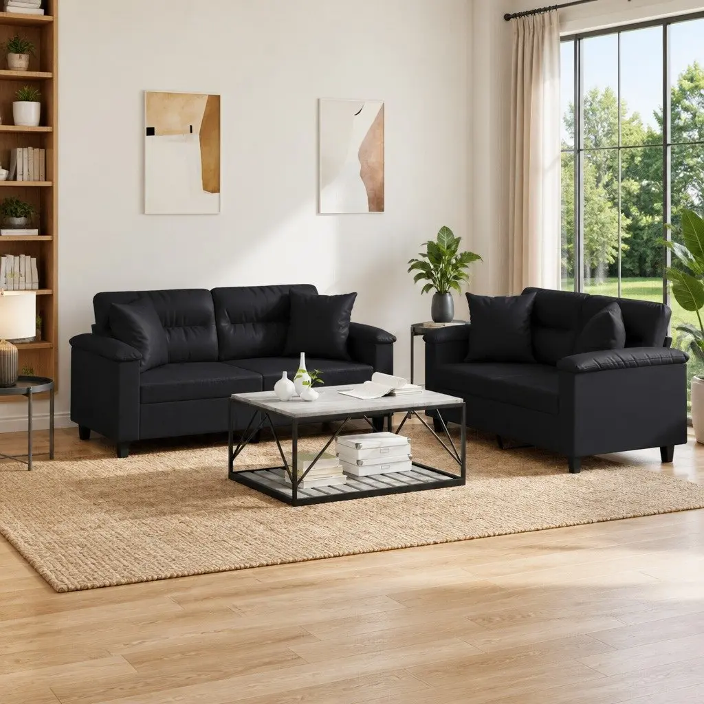 2 Piece Sofa Set Black Faux Leather Living Room Furniture