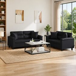 Cozy Black Faux Leather 2 Piece Sofa Set with Pillows