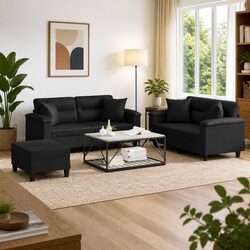 Black Faux Leather 3 Piece Sofa Set with Pillows