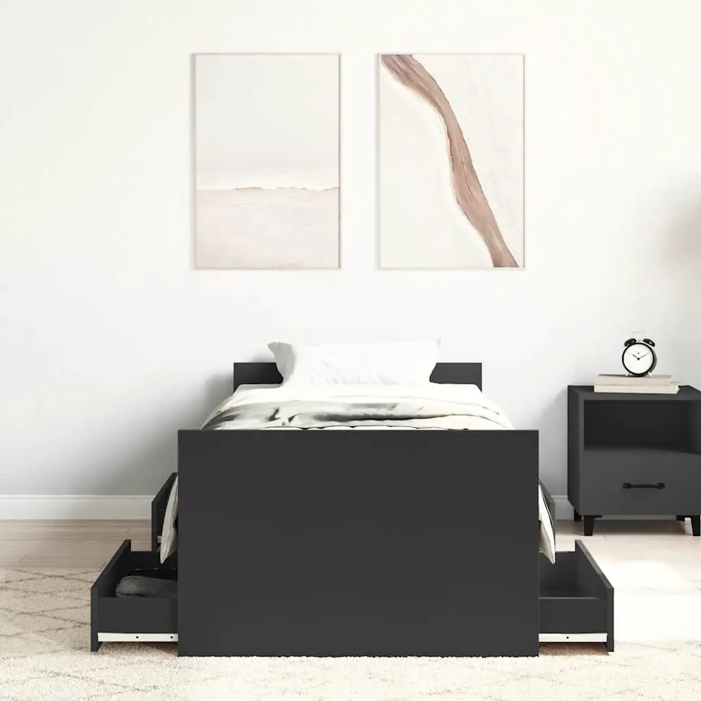 Black Bed Frame with Storage Drawers 90x190 cm
