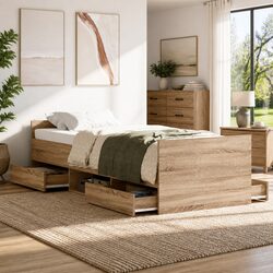 Brown Engineered Wood Bed Frame with Storage Drawers 90x190 cm