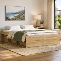 Brown Engineered Wood Bed Frame with Storage Compartments