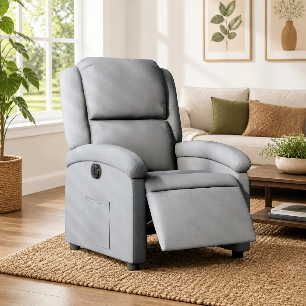 Electric Recliner Chair Light Grey Fabric Armchair