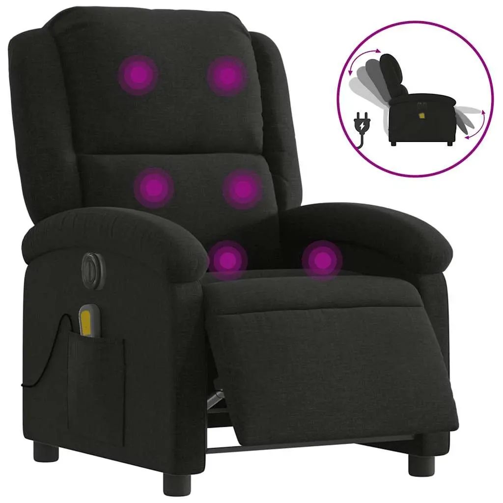 Electric Massage Recliner Chair Black Fabric 135 Degrees Wood and Metal