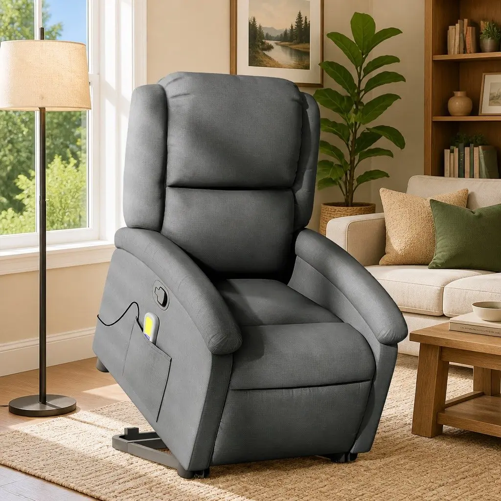Electric Massage Recliner Chair Grey Fabric Power Lift Armchair