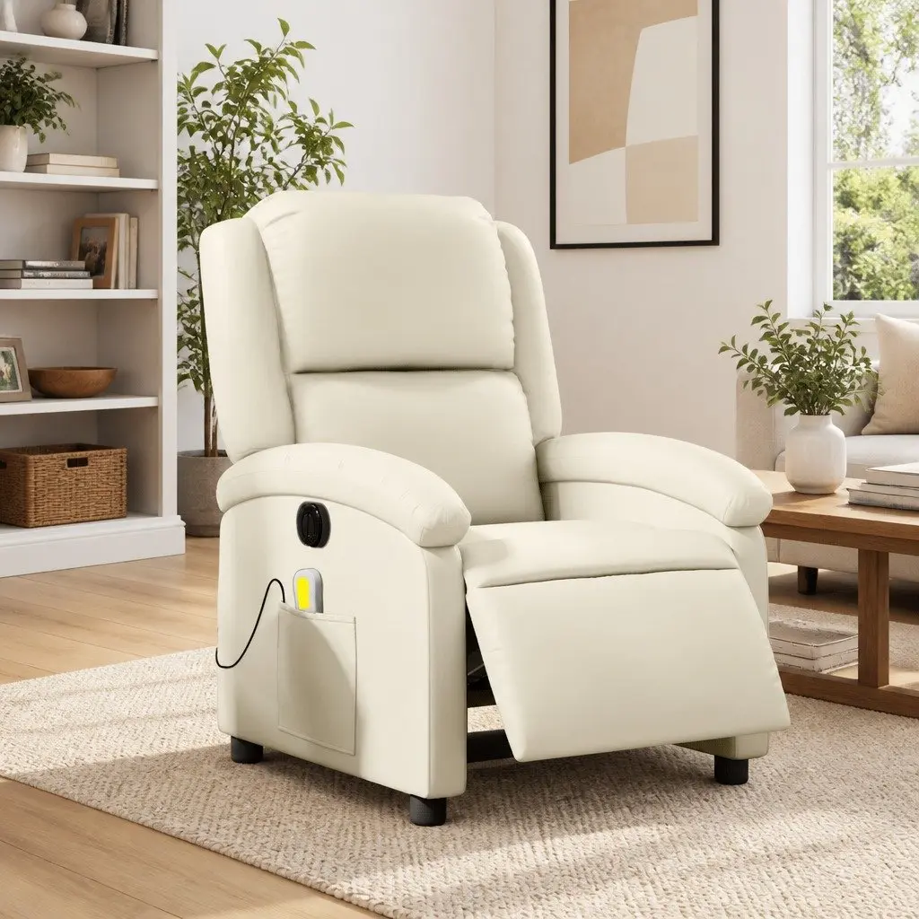 Electric Reclining Massage Chair Cream Faux Leather Armchair Adjustable Footrest 135 Degrees