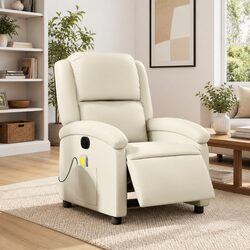Cream Faux Leather Electric Massage Recliner Chair