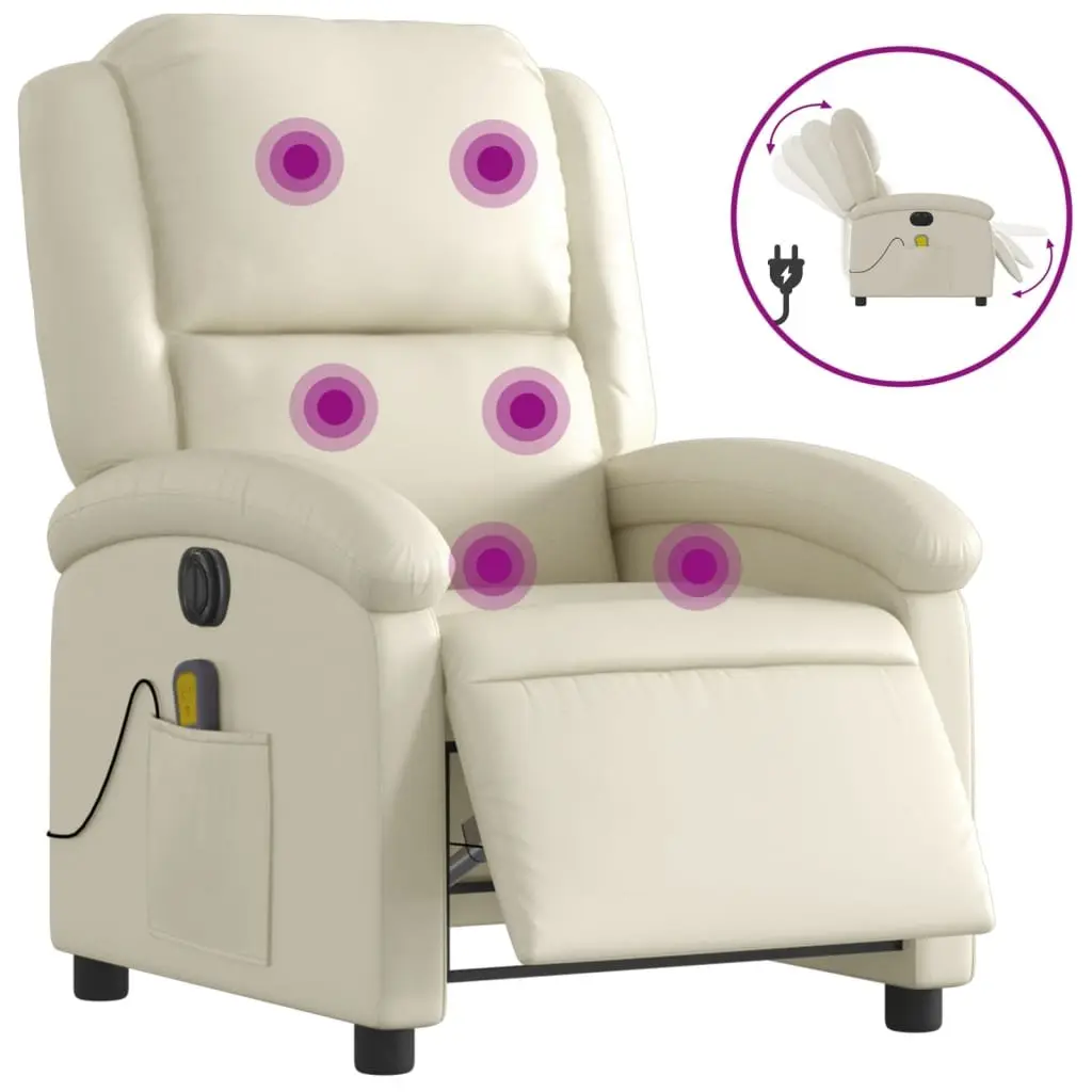Electric Reclining Massage Chair Cream Faux Leather Armchair Adjustable Footrest 135 Degrees
