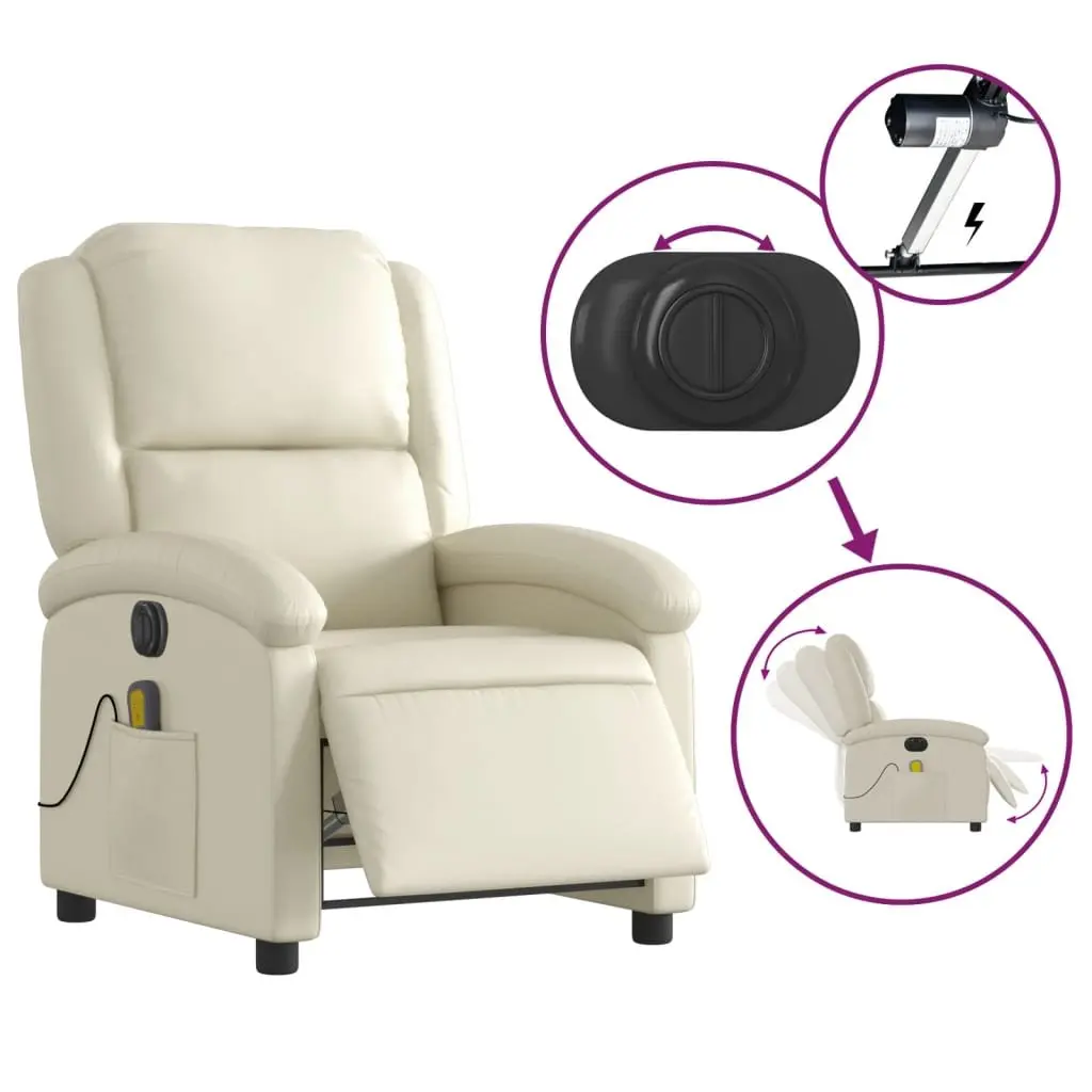 Electric Reclining Massage Chair Cream Faux Leather Armchair Adjustable Footrest 135 Degrees