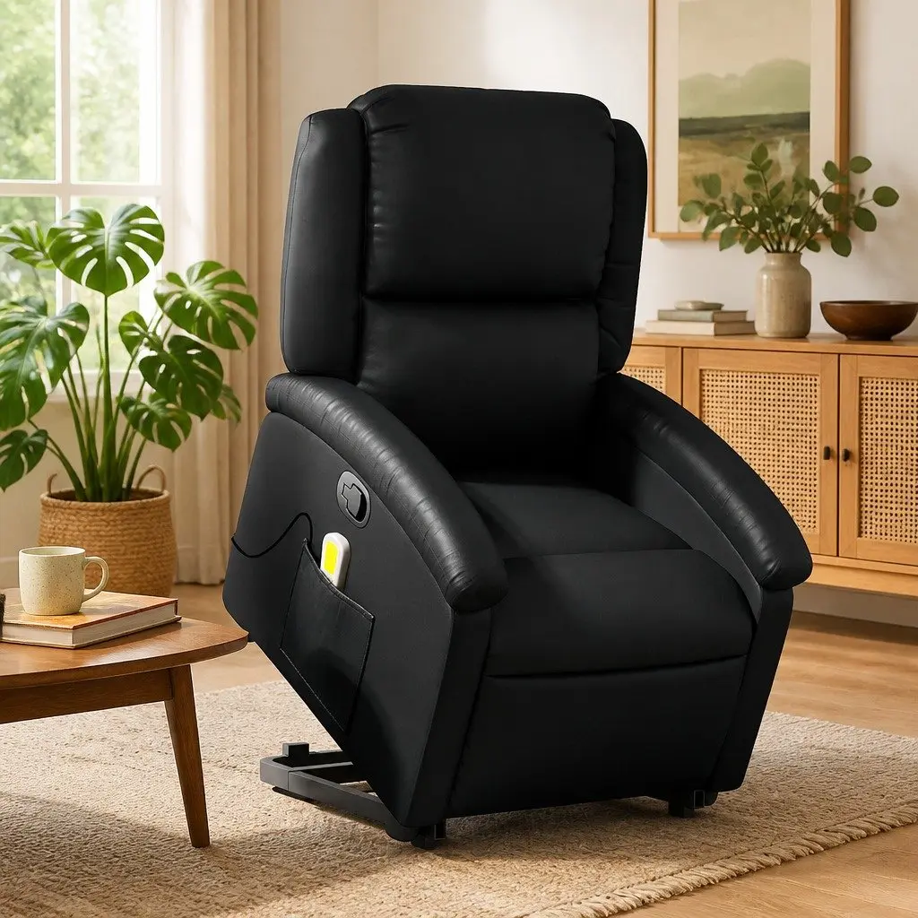 Electric Massage Recliner Chair Black Faux Leather 135 Degree Manual Reclining Power Lift Vibration Armchair