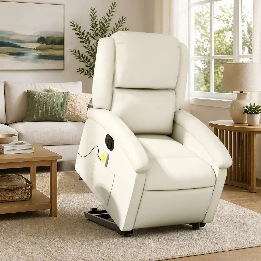 Electric Massage Recliner Chair Cream Faux Leather Power Lift Adjustable Backrest and Footrest