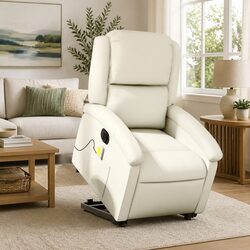 Cream Faux Leather Electric Massage Recliner Chair