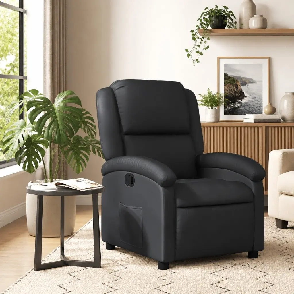 Manual Recliner Chair Black Leather Lounge Seat Adjustable Backrest and Footrest