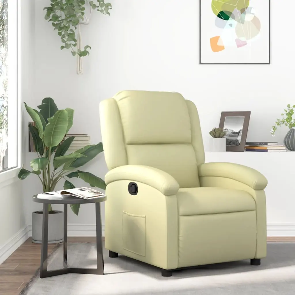Leather Recliner Chair Cream Manual Recline Armchair Padded Seat and Backrest Wood and Metal Frame