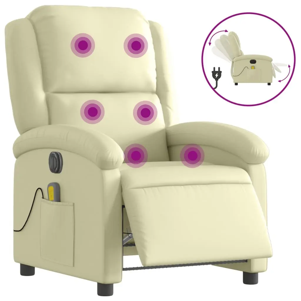 Electric Recliner Chair Cream Leather Massage with Adjustable Footrest and Side Pocket
