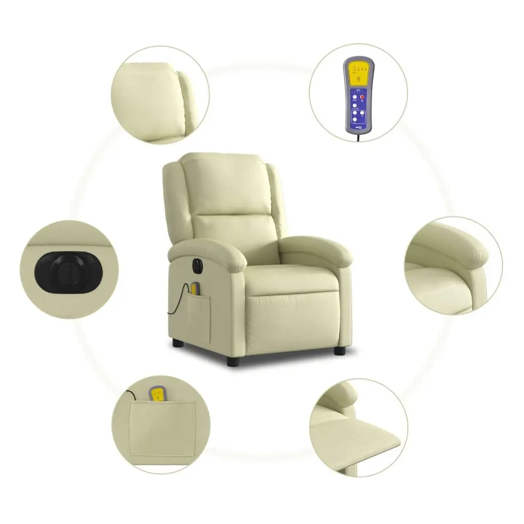 Electric Recliner Chair Cream Leather Massage with Adjustable Footrest and Side Pocket