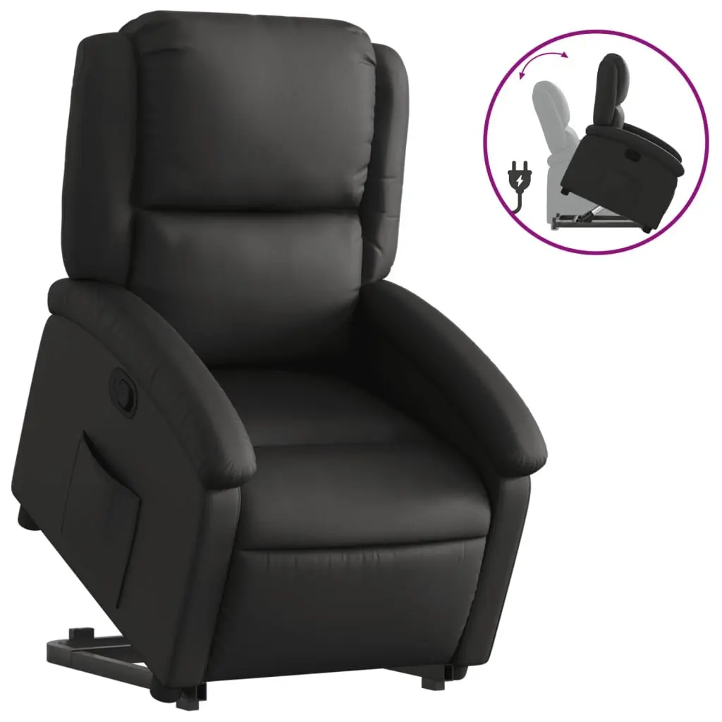 Stand Up Recliner Chair Black Real Leather Power Lift Electric Armchair