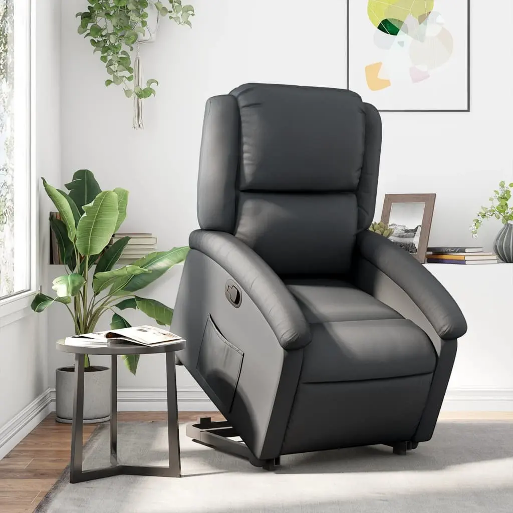 Stand Up Recliner Chair Black Real Leather Power Lift Electric Armchair