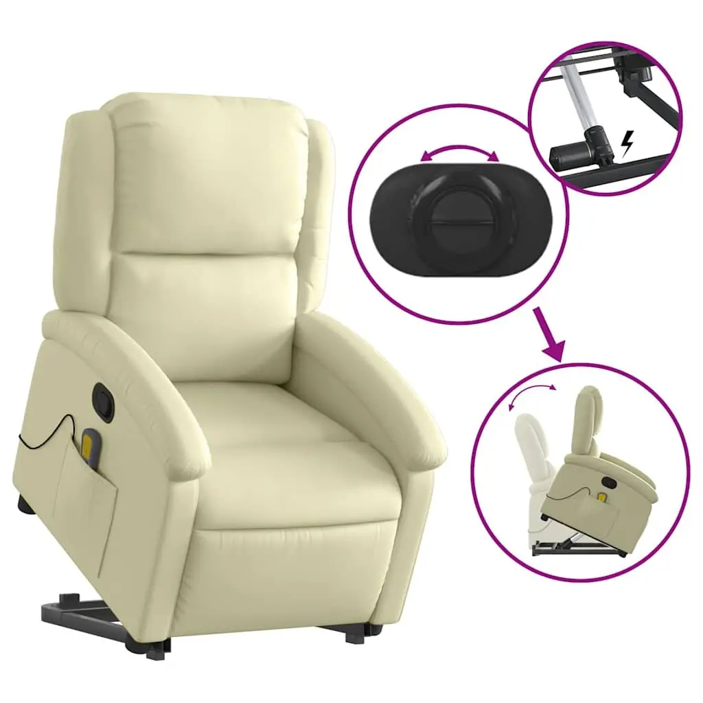 Stand Up Massage Recliner Chair Cream Leather 135 Degrees Manual Reclining Vibration Massage