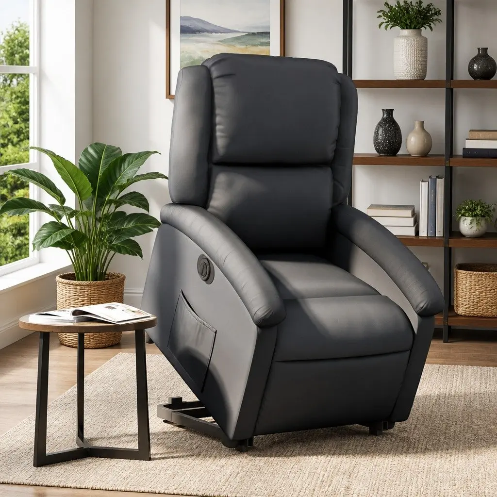 Electric Stand Up Recliner Chair Black Leather 135 Degrees Wood and Metal