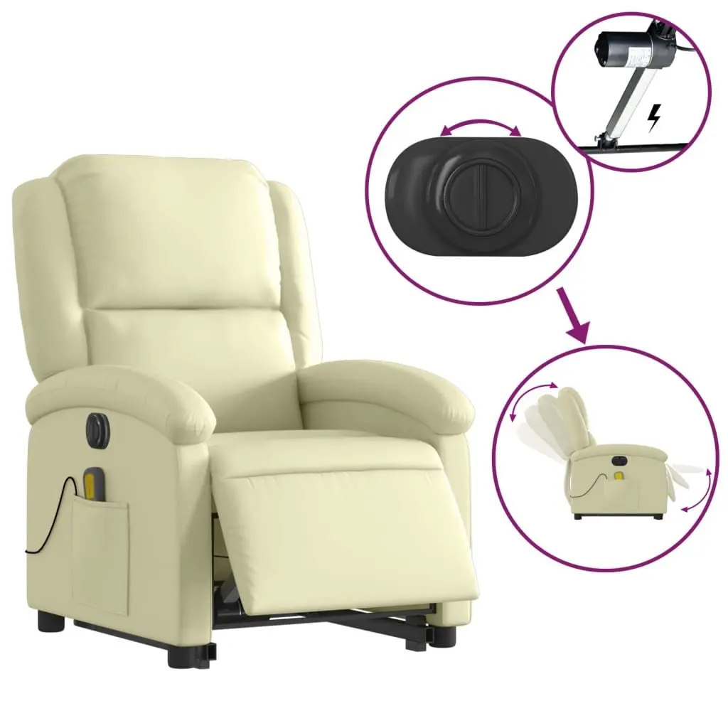 Electric Massage Recliner Chair Cream Leather Power Lift 135 Degrees