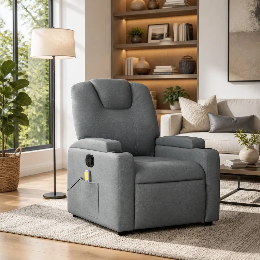 Massage Recliner Chair Grey Fabric Manual Reclining Armchair Vibration Massage