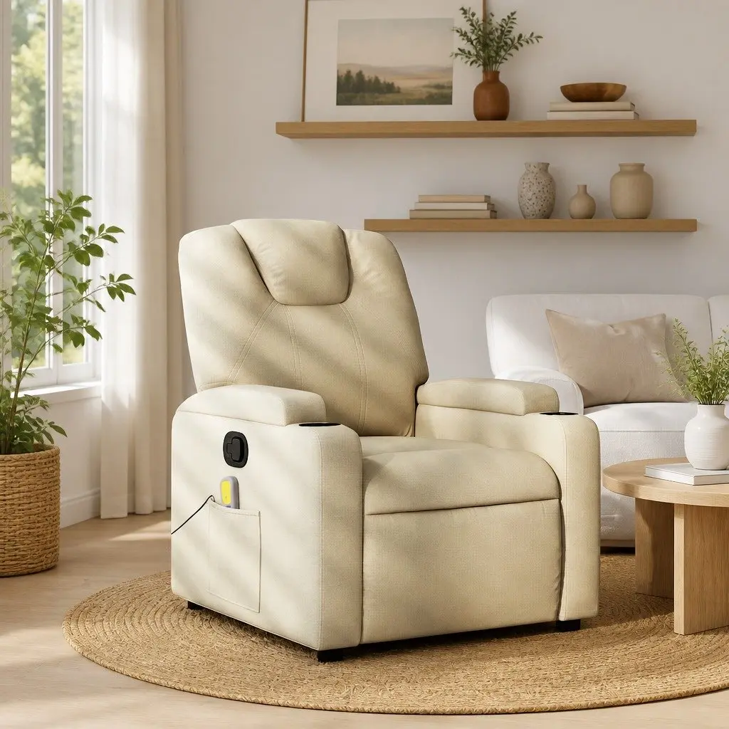 Adjustable Manual Massage Recliner Chair Cream Fabric 6 Massage Points