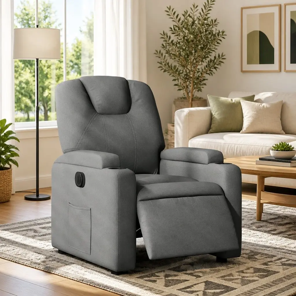 Electric Recliner Chair Grey Fabric 135 Degrees Automatic Backrest Footrest