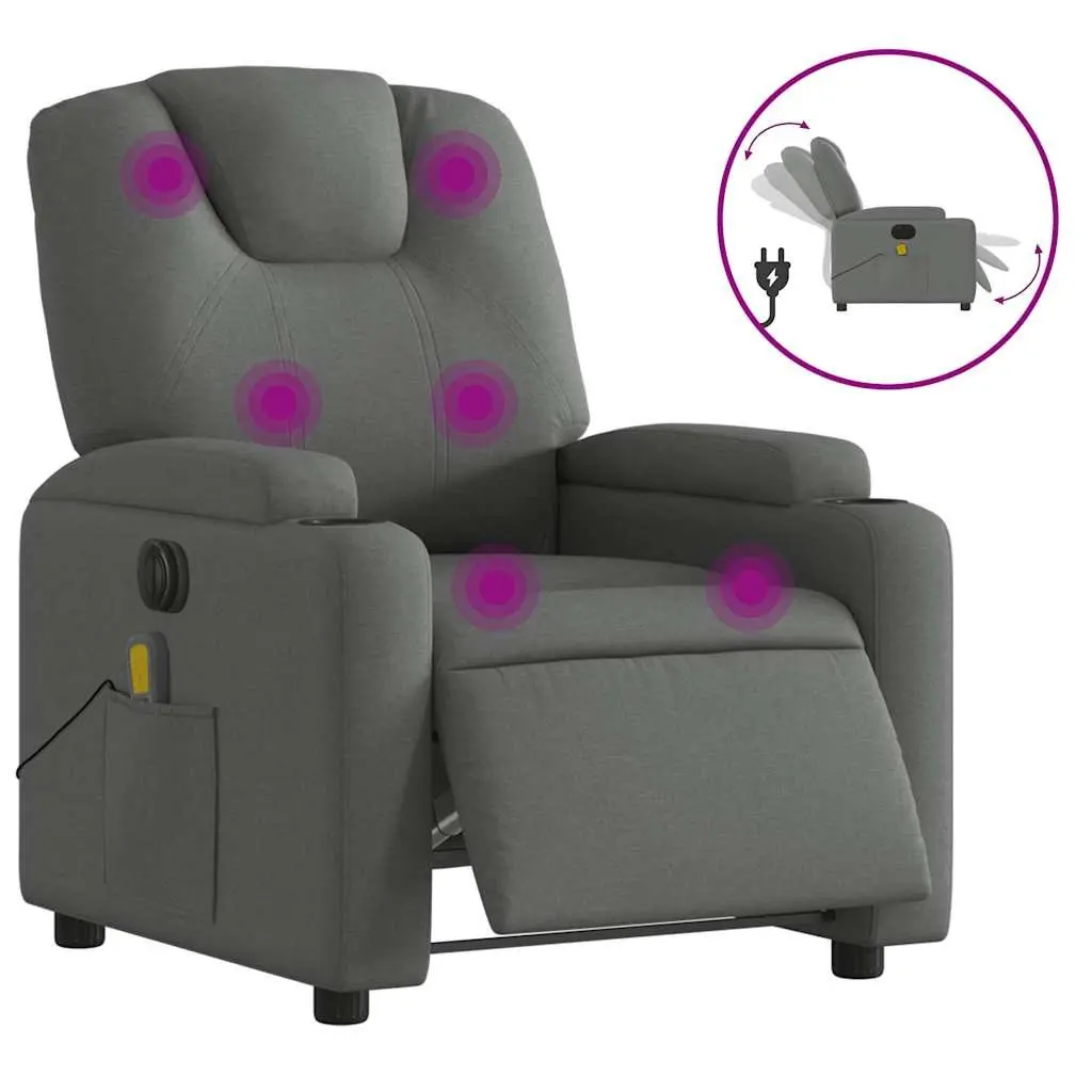 Electric Massage Recliner Chair Grey Fabric 135 Degrees Wood and Metal
