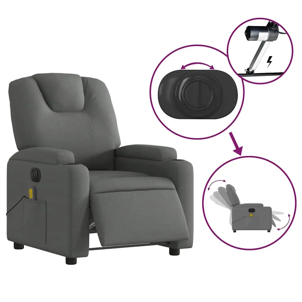 Electric Massage Recliner Chair Grey Fabric 135 Degrees Wood and Metal