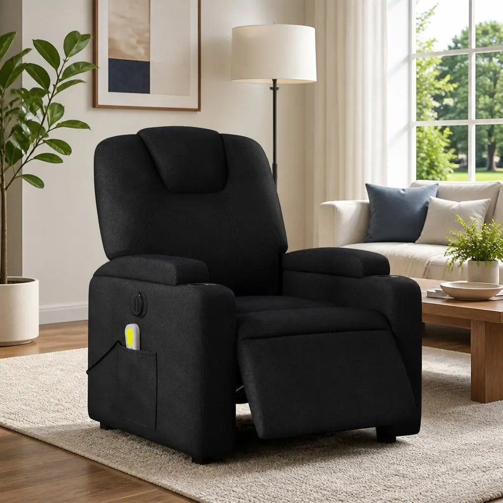 Electric Massage Recliner Chair Black Fabric Motorised Lounger with Footrest and Vibration