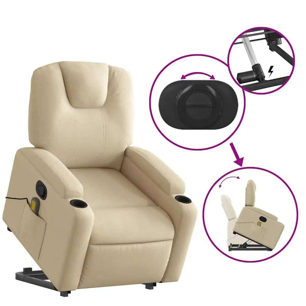 Electric Massage Recliner Chair Cream Fabric Power Lift 135 Degrees Vibration Massage