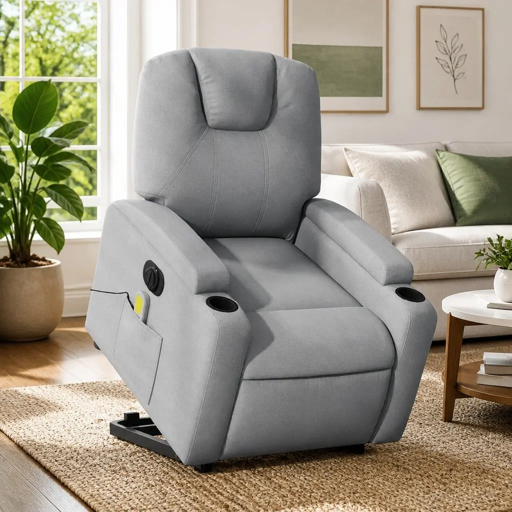 Electric Massage Recliner Chair Grey Fabric Power Lift Armchair