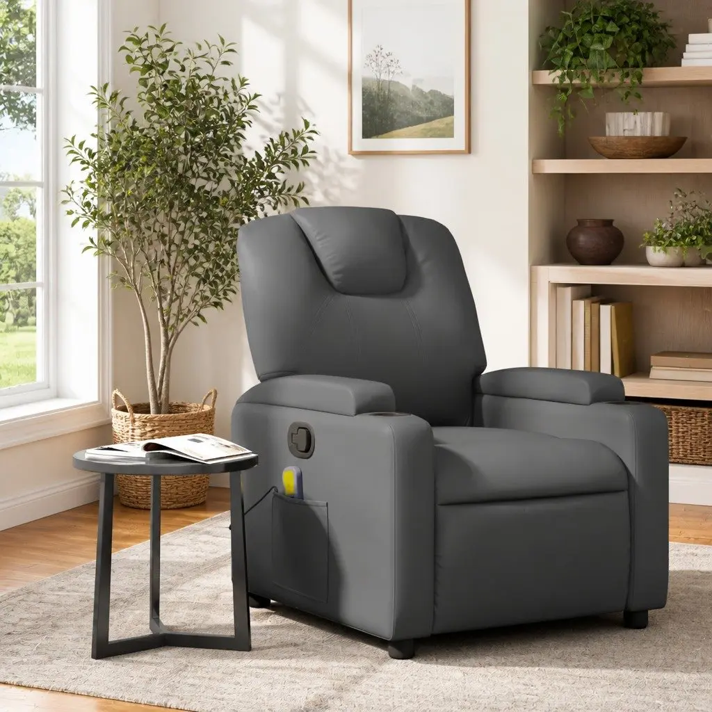 Massage Recliner Chair Grey Manual Recline Faux Leather 6 Vibration Points