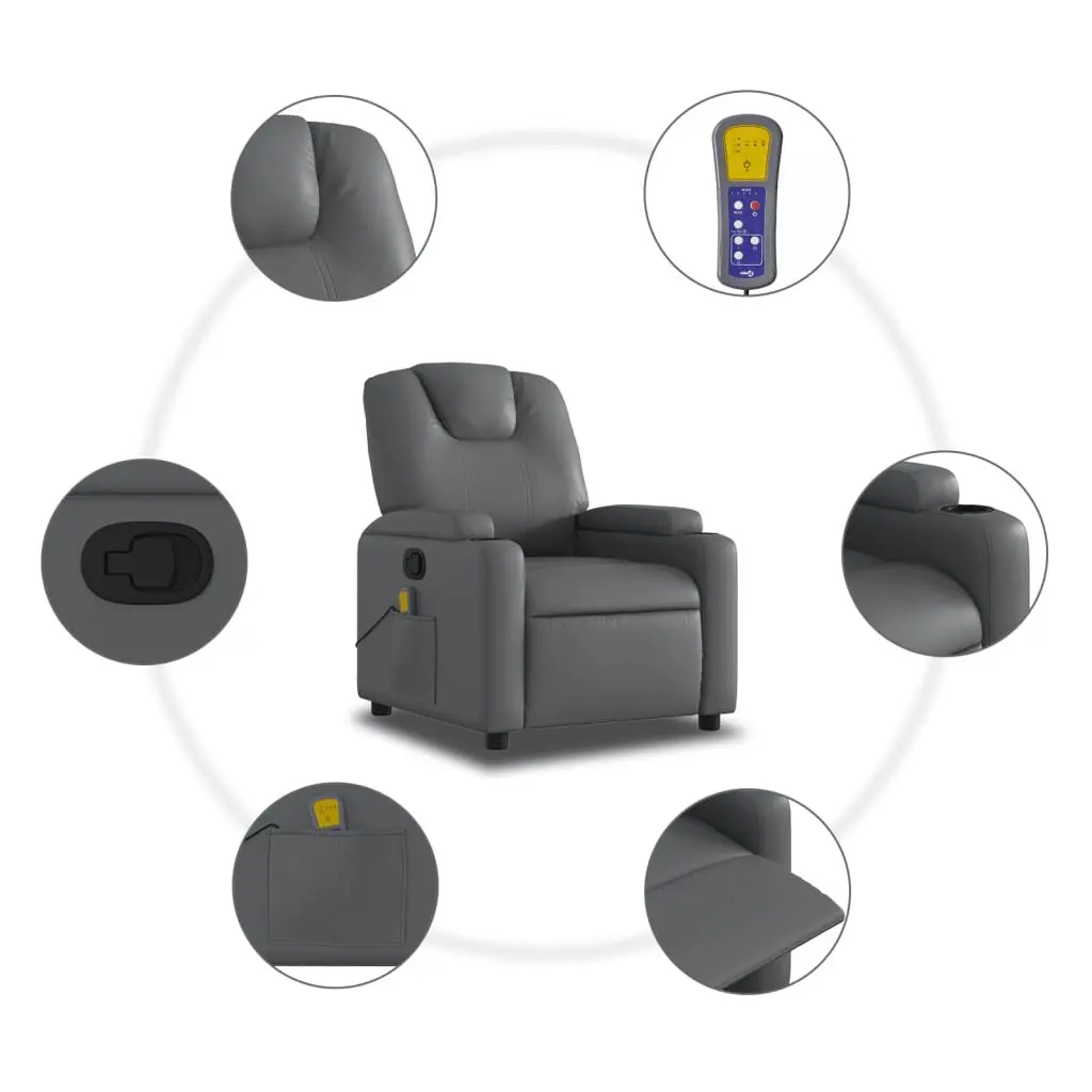 Massage Recliner Chair Grey Manual Recline Faux Leather 6 Vibration Points